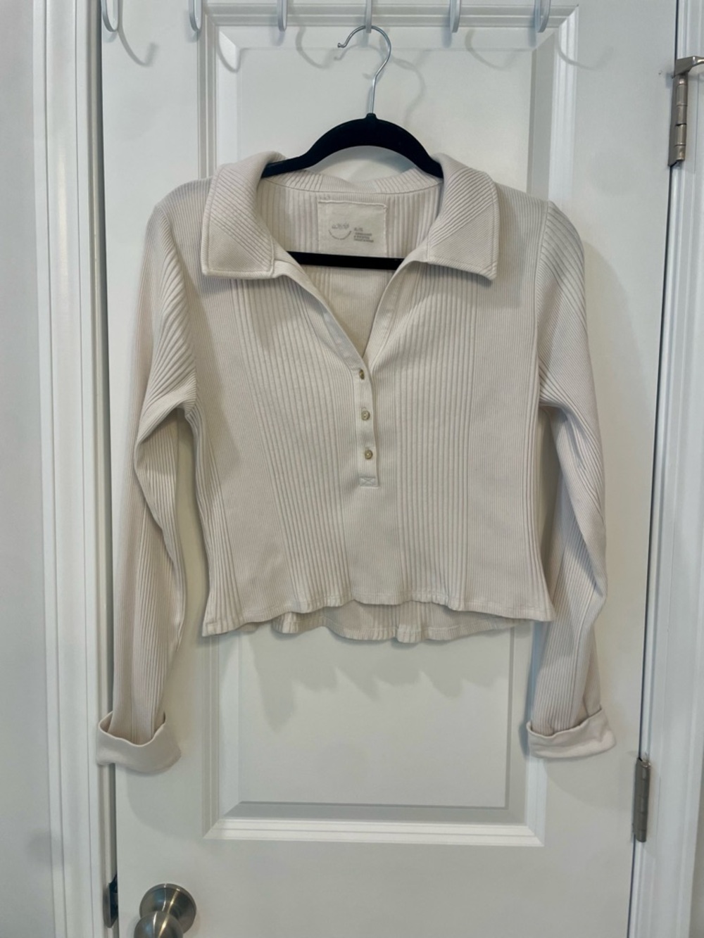 aerie Cream Ribbed Long-Sleeve Henley with Collared Neck